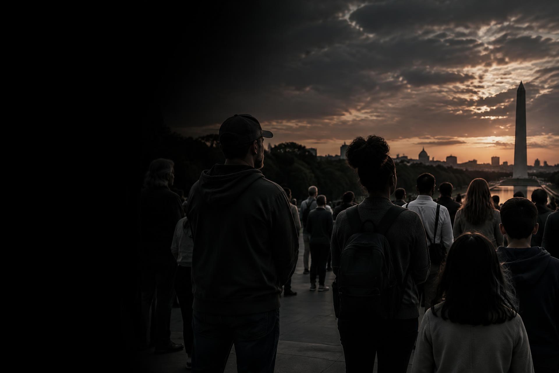 Americans gathered in a public space at dusk